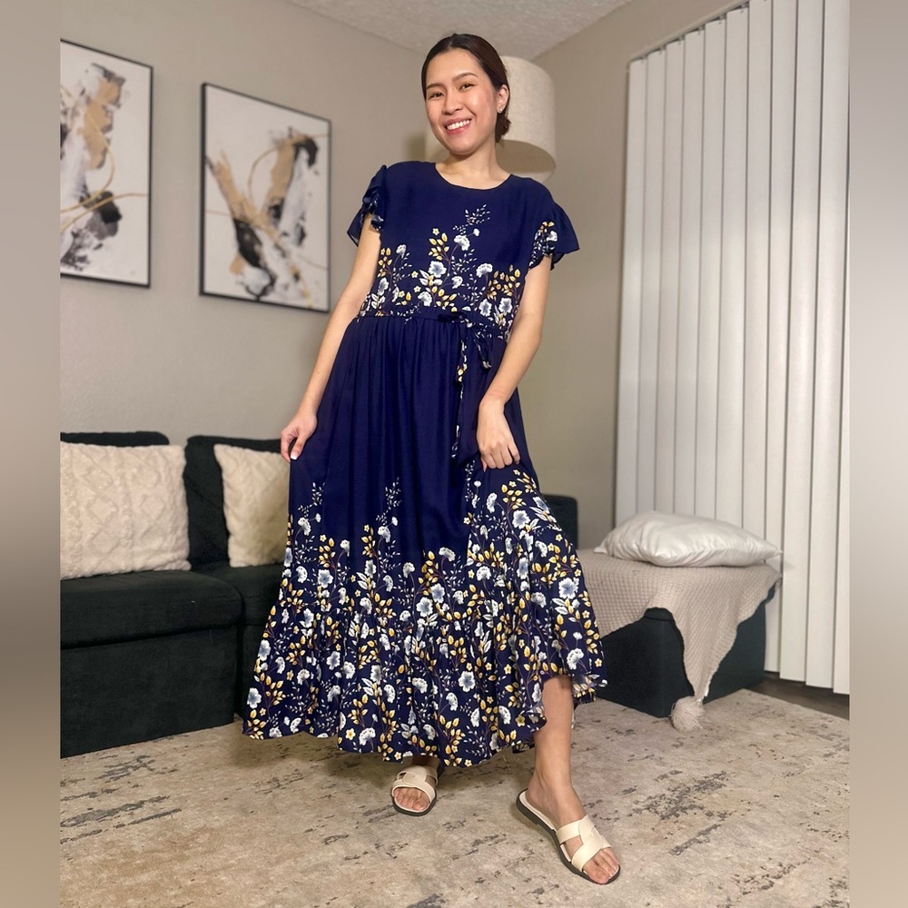 River Long Flowy Dress with Detachable Tie | Spring Outfit | NAVY BLUE